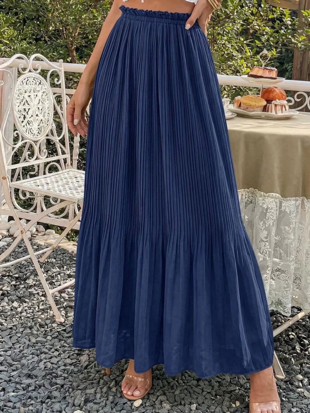 Pleated Navy Blue Maxi Skirt - Elegant Women's Skirt